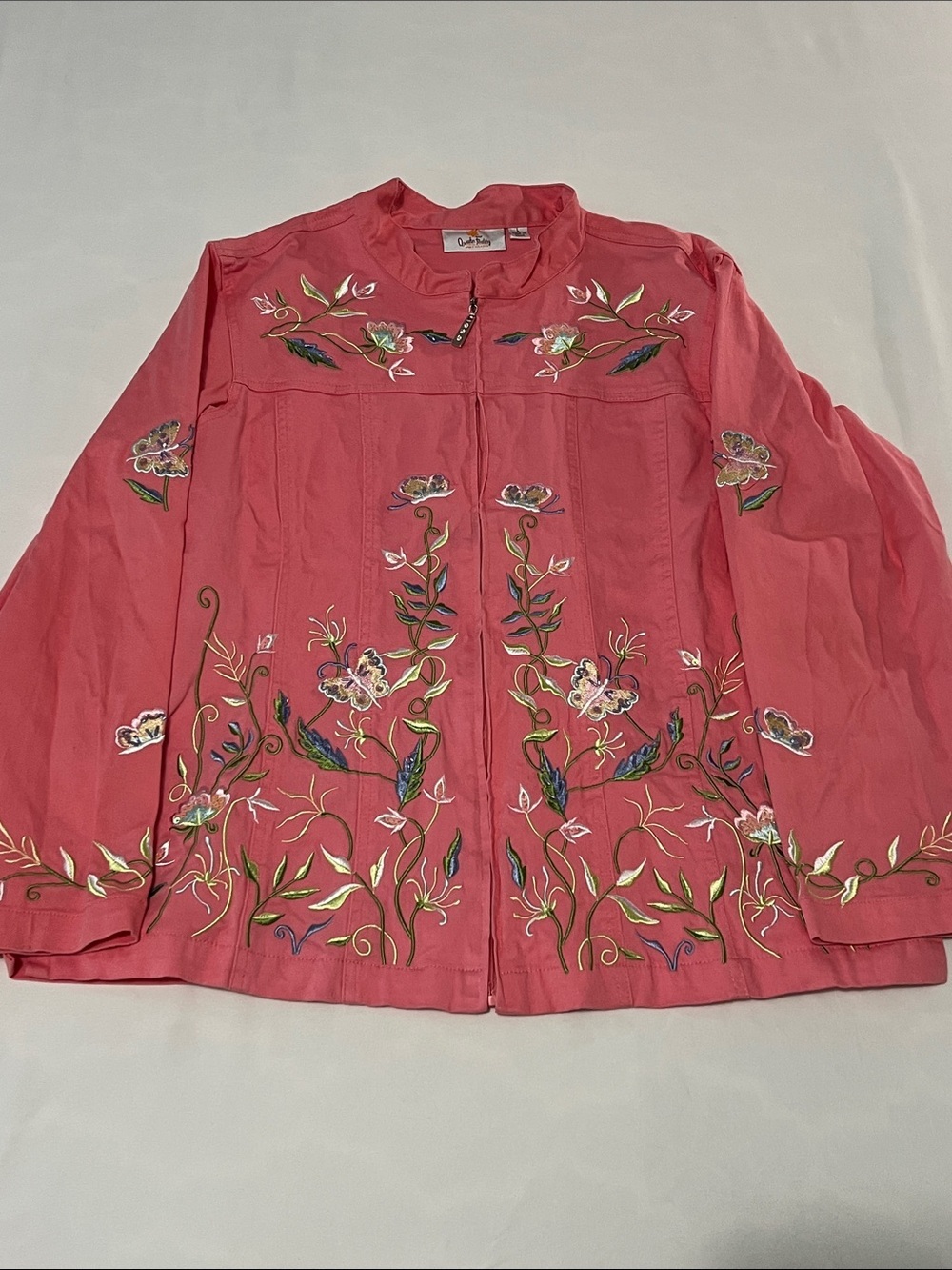 Quacker Factory Pink Embroidered Sequined Butterfly/Flowers Zip Up Twill Jacket